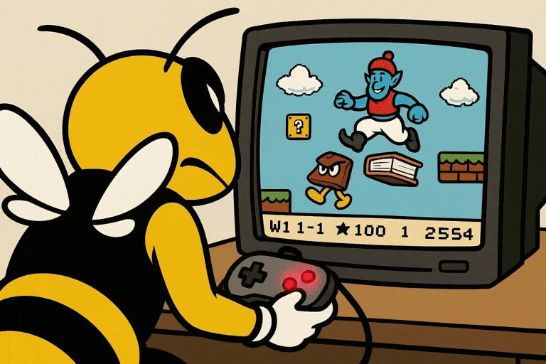 Buzz playing a retro game