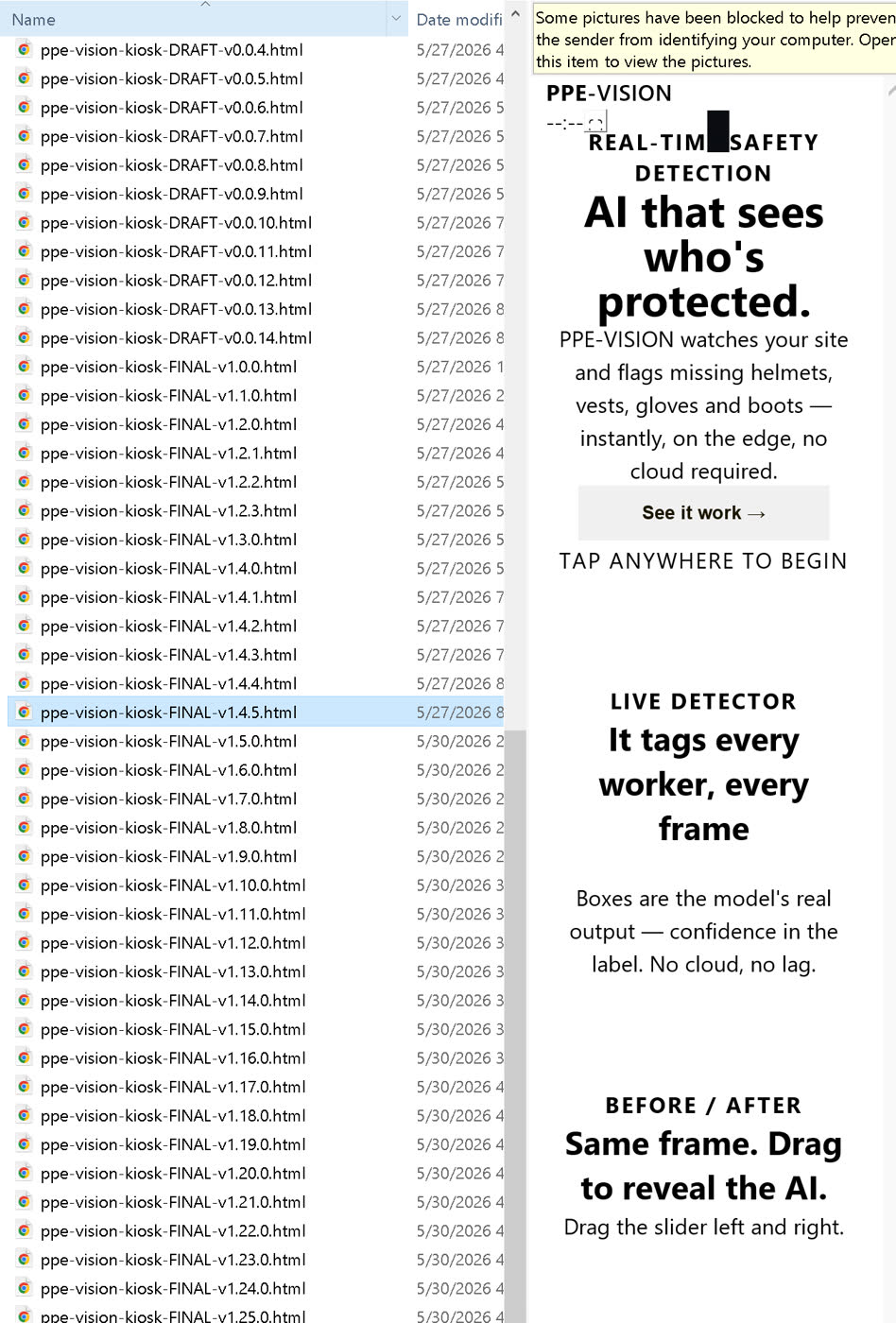 A long file list of PPE-Vision kiosk versions, from draft v0.0.4 through final v1.25.0 and beyond